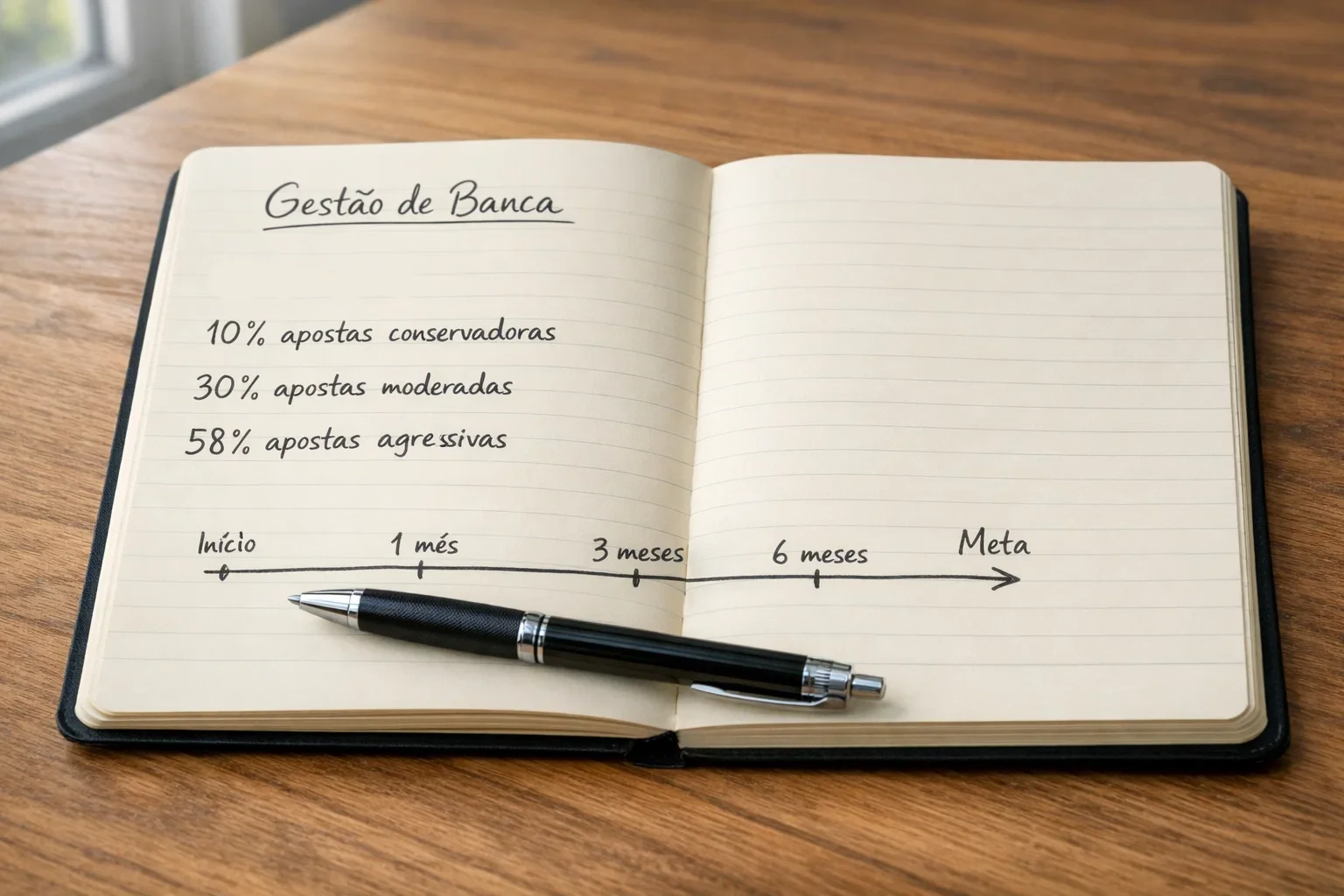 Gestão de banca em apostas desportivas — bloco de notas com plano de apostas e percentagens